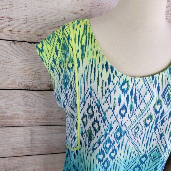 American Eagle Cap Sleeve Neon Geometric Blue Green Open Back Top Size Small - Picture 4 of 7